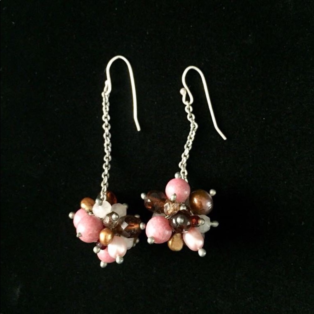 Pink brown and white bead dangle earrings